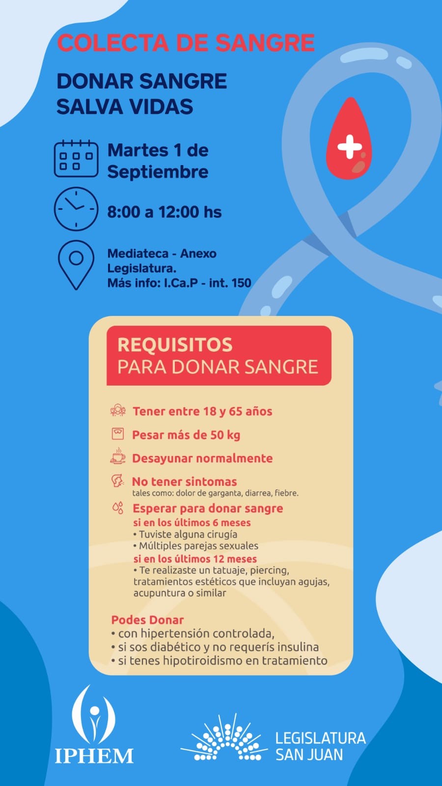 La Legislatura realizará una colecta de sangre para promover la donación voluntaria