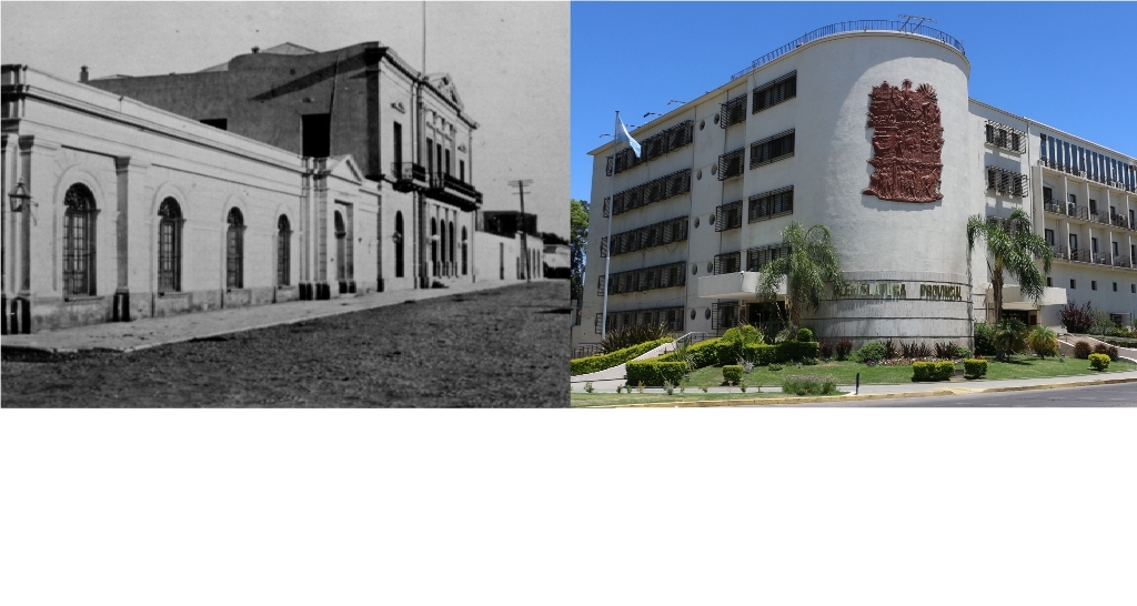 Fachada de la Cámara de Diputados, situada en la intersección de General Acha y Rivadavia (1872-1944). Al lado, el edificio legislativo actual (2016).